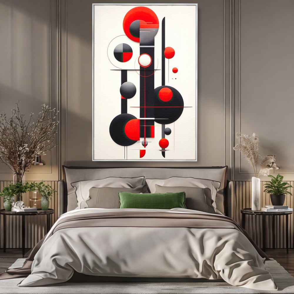 Tablou canvas cu tablou canvas cu forme geometrice abstracte, in rama de aluminiu argintiu, pe perete intr-un dormitor